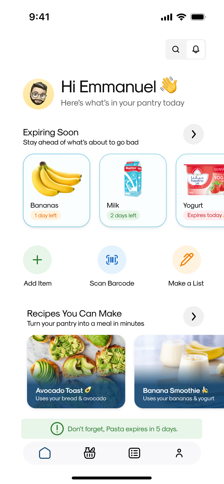 PantryPal home screen